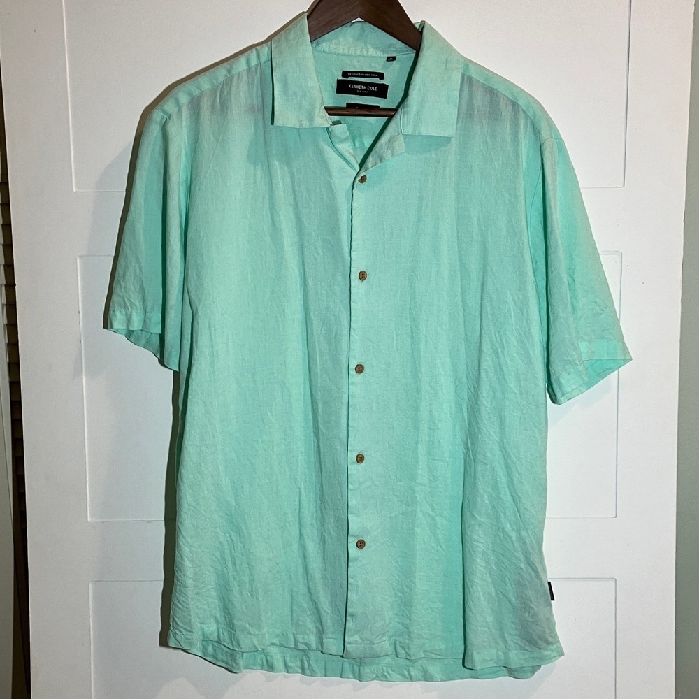 Kenneth Cole Men's XL Slim Fit Mint Green Linen Blend Short Sleeve Button Down‎